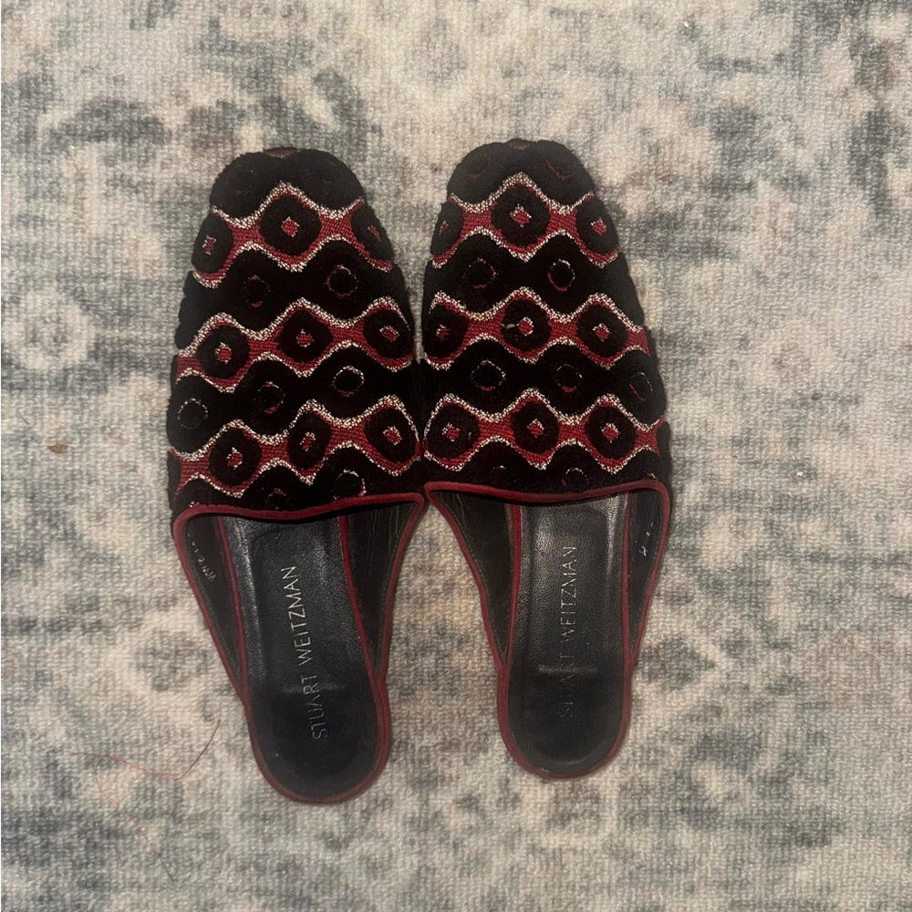 Stuart Weitzman Black and Red Embellished Mules